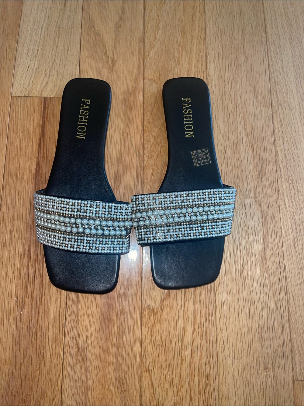 Embellished Black Slide Sandals with Pearls